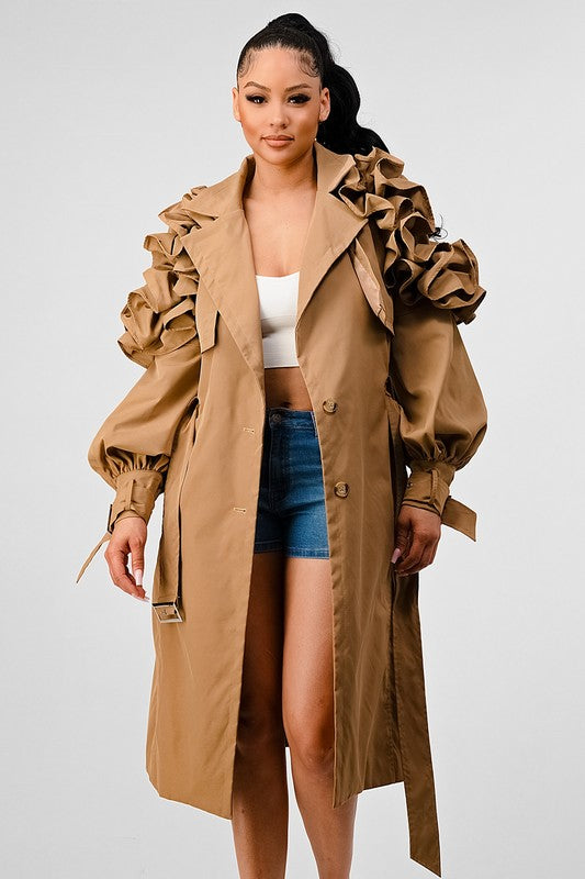 ATHINA FALL PLUS SIZE TRANSTION FLORAL SLEEVE TRENCH COAT