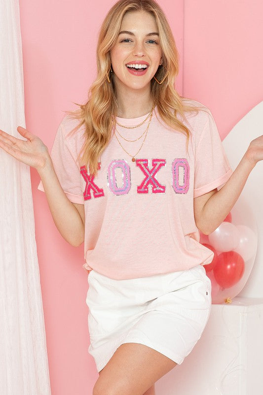 Pink Valentines Shiny XOXO Graphic T-shirt