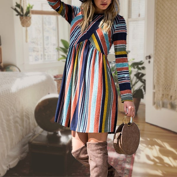 Multi Color Cross Stripe Midi Dress