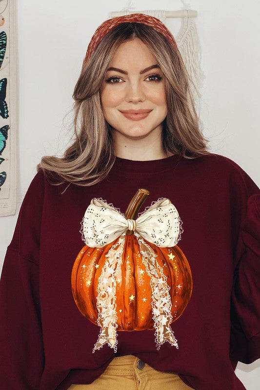 2. Coquette bow Halloween Pumpkin Fleece Sweatshirts