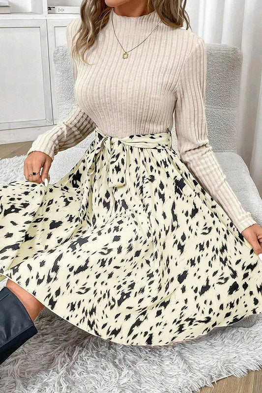 Women Knit Patchwork Printed Belted A-line Dress